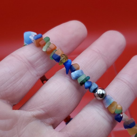 9 Inch 925 Sterling Silver Beautiful Many Colorful Stone Chips Ankle Bracelet - Picture 3 of 6